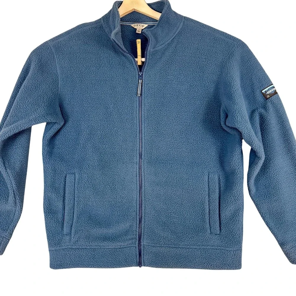 Orvis Fleece Jacket Mens Medium Blue Full Zip Sherpa‎ Pile Pockets Outdoor Logo